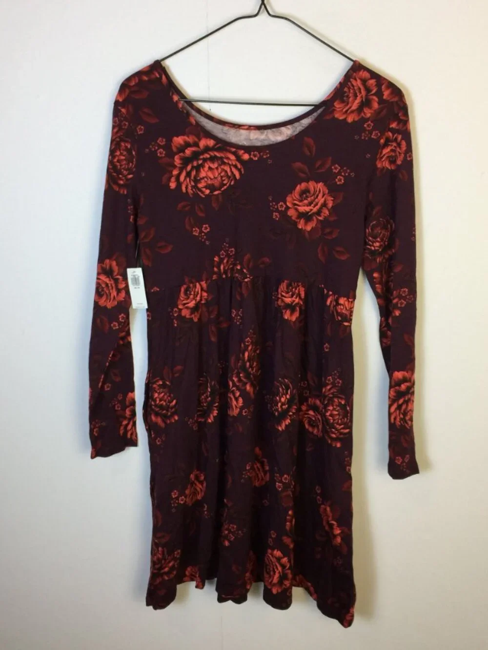 New! Old Navy Dress Girls XXL (18) Burgundy Red Floral Long Sleeve 100% Cotton